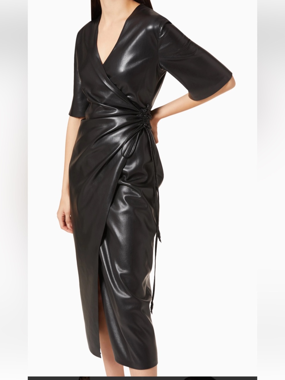 Nanushka Black Faux-Leather Wrap Midi Dress with Side Tie - Size Large